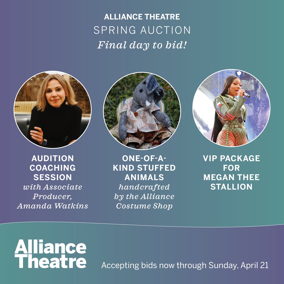 Today's the day! 🎭 Our annual auction closes tonight at 8 PM, so don't miss your chance to bid on any of these remaining lots! Visit the link for your chance to win these once in a lifetime prizes! ✨biddingforgood.com/alliancetheatre
