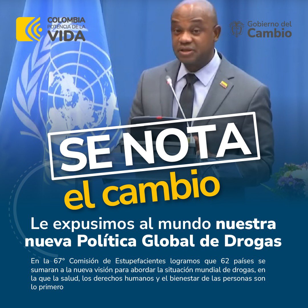 ¡Desde esta embajada nos enorgullece contarles las buenas noticias que desde el Gobierno del Cambio hemos logrado! Le expusimos al mundo nuestra nueva Política Global de Drogas. #SeNotaElCambio al lograr que 62 países se sumaran a la nueva visión de Colombia para abordar la…