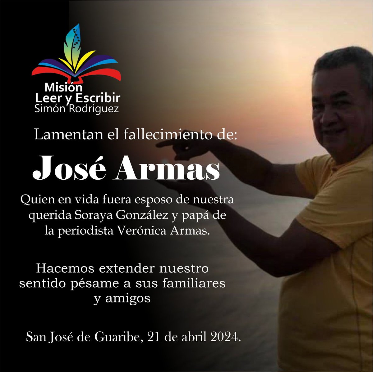 Obituario sobre el sensible fallecimiento de José Armas, 
Gran defensor de la cultura Guariqueña.
¡Vuela Alto, gran amigo! 🙏
<a href="/SorayaCanta_/">Soraya González</a>