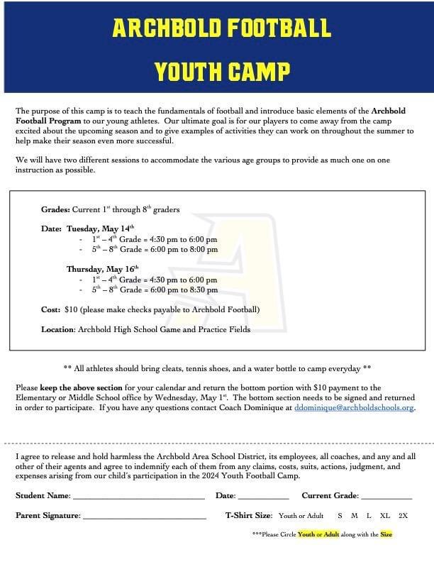 We are looking forward to hosting our annual Spring Youth Football Camp. All students grades 1-8 are welcome! Forms are due to the Elementary or Middle School office by Wednesday, May 1st.