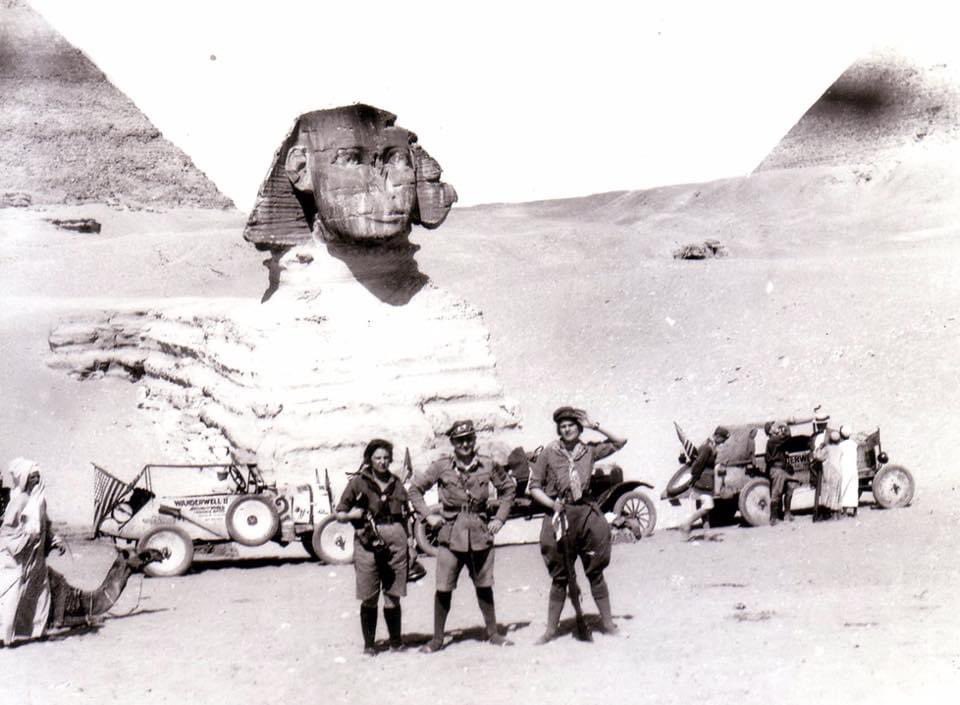 1924 Aloha and Cap in Egypt. A tough leg on adventure. It’s incredible to think about the legendary Model T Fords bringing Aloha and Cap with crew, through extreme heat, rivers, sand, dirt and winds to the Mighty Sphinx and The Great Pyramids of Giza. AlohaWanderwell.com RDT