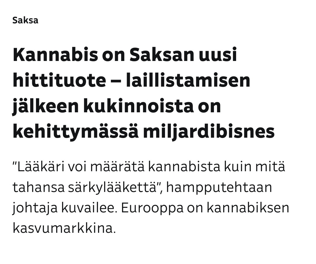 Suomen tulisi ottaa mallia Saksasta. Nykyinen kieltolakimme on kallis, vahingollinen ja tehoton. Kannabiksen laillistaminen lisäisi verotuloja, vähentäisi rikollisuutta ja parantaisi kansanterveyttä. Päihdepolitiikassa pitää luottaa tutkittuun tietoon 👍