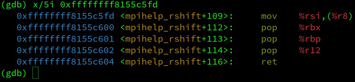 andersonc0d3's tweet photo. When ROPping, pay attention. What is in the binary may not be the same in memory. The Linux kernel has mechanisms to patch the code section in memory. The jmp instruction become a ret. https://t.co/5alvbLCYso