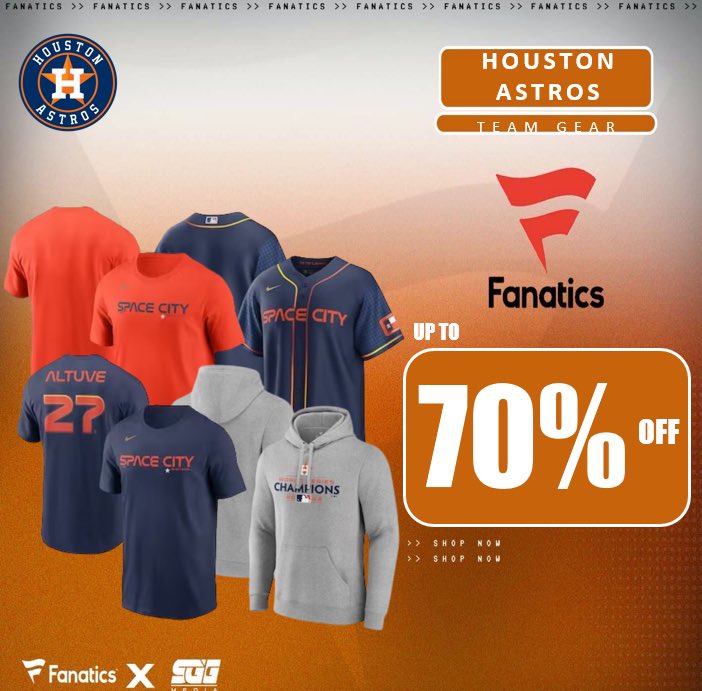 HOUSTON ASTROS SUPER SALE @Fanatics🏆 ASTROS FANS‼️ Gear up for the new season and get up to 70% OFF Houston Astros gear using THIS PROMO LINK: fanatics.93n6tx.net/ASTROS70 📈 HURRY! Supplies are going FAST🤝
