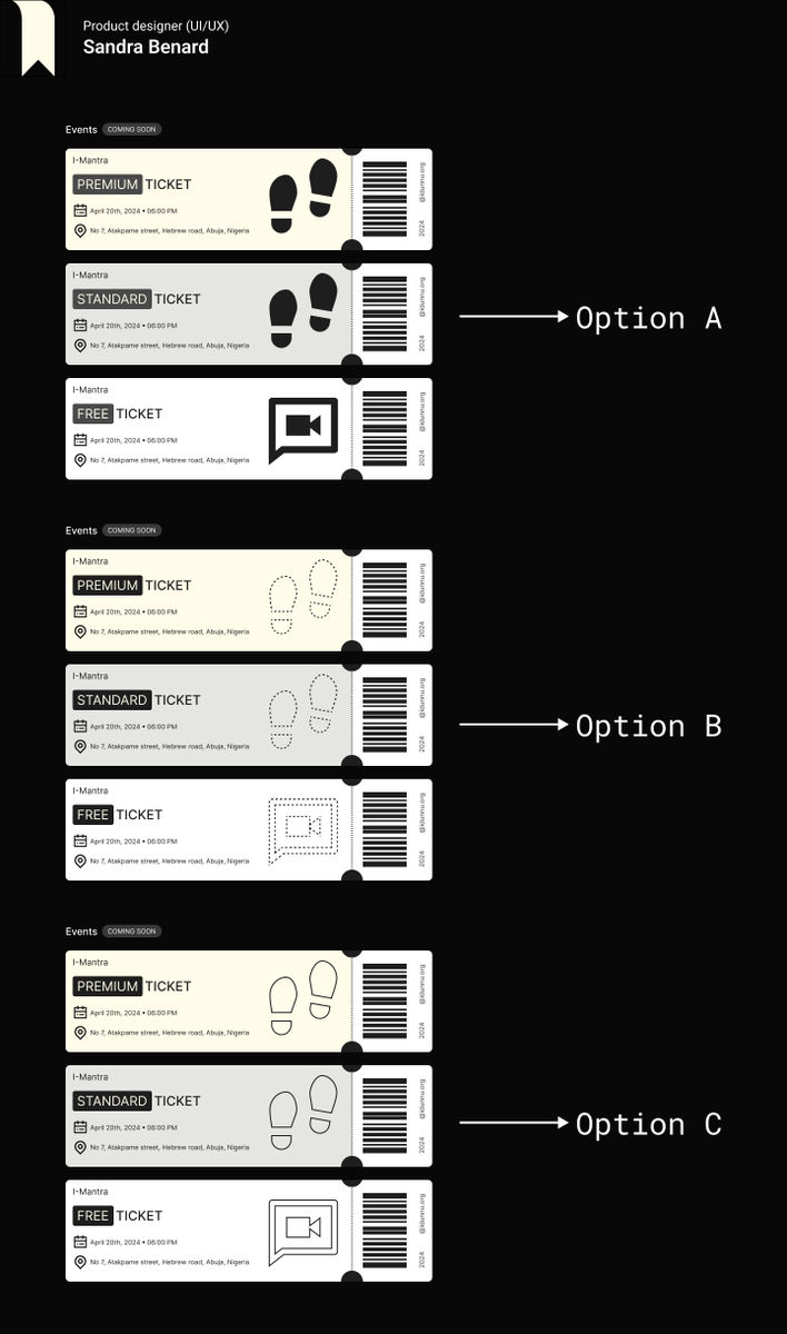 ice_onyx's tweet photo. Which looks better?

#uidesign #wireframe #uiuxdesign #uiux #buildinpublic #figma #productdesign #designer #sundayvibes #ticketdesign https://t.co/PcWlBk2WBE