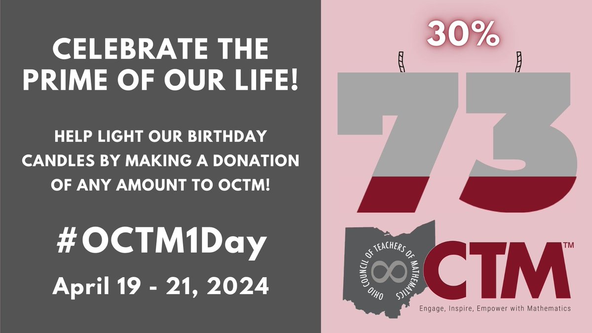 Happy 73rd Birthday! OCTM supports teachers with professional education and networking opportunities. Help us toward our goal of $1000 in birthday gifts to continue OCTM’s work. Visit ohioctm.org/Donate and select the work you want to support.