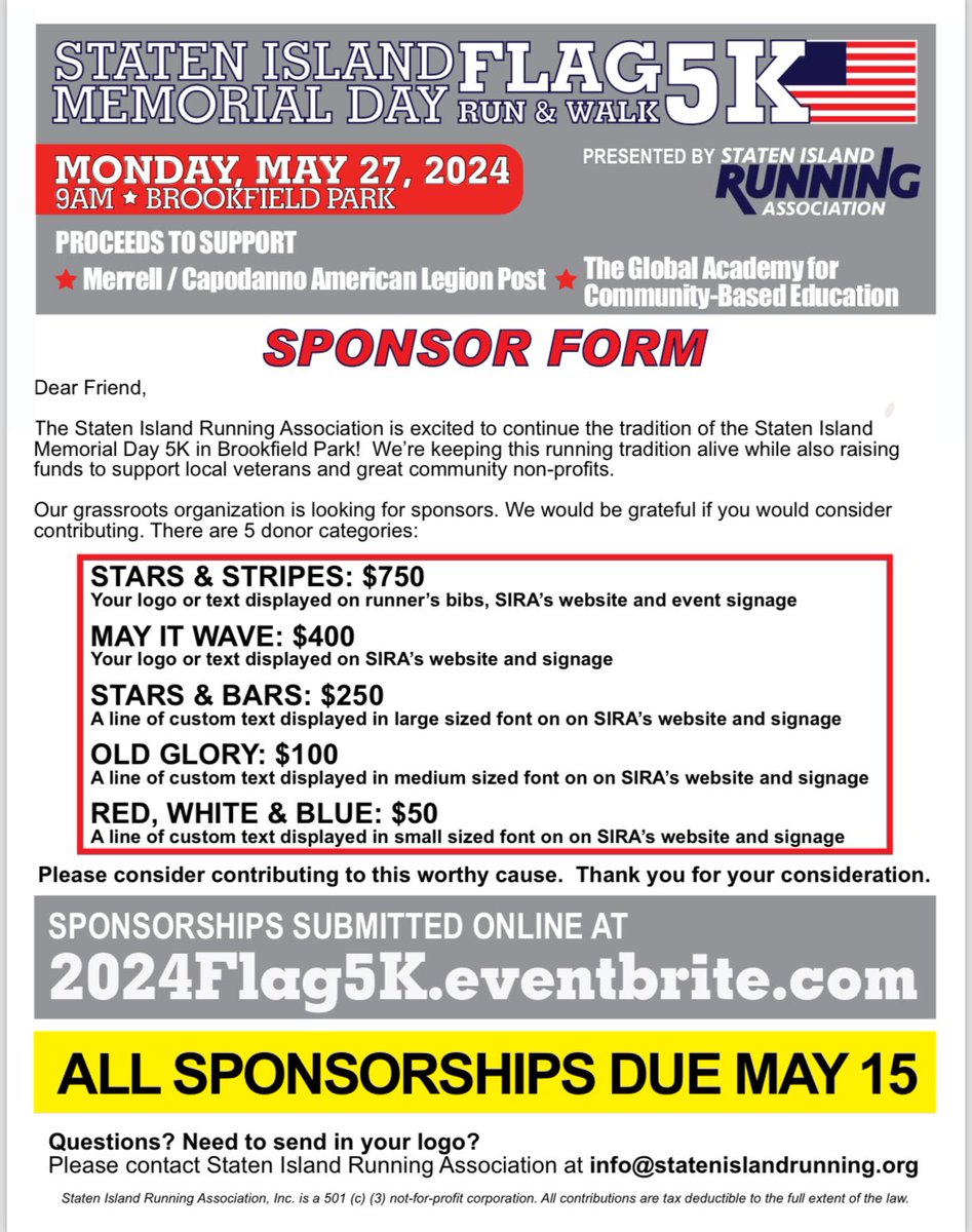 statenislandrun's tweet photo. We’re looking for a few good sponsors. All proceeds from the Staten Island Memorial Day Flag 5K Run &amp; Walk go to support two local groups: the Merrell/Capodanno American Legion Post, &amp; the Global Academy for Community-Based Education. Sponsor by 5/15: https://t.co/Azbi7edZRj https://t.co/gg9wNsEQ28