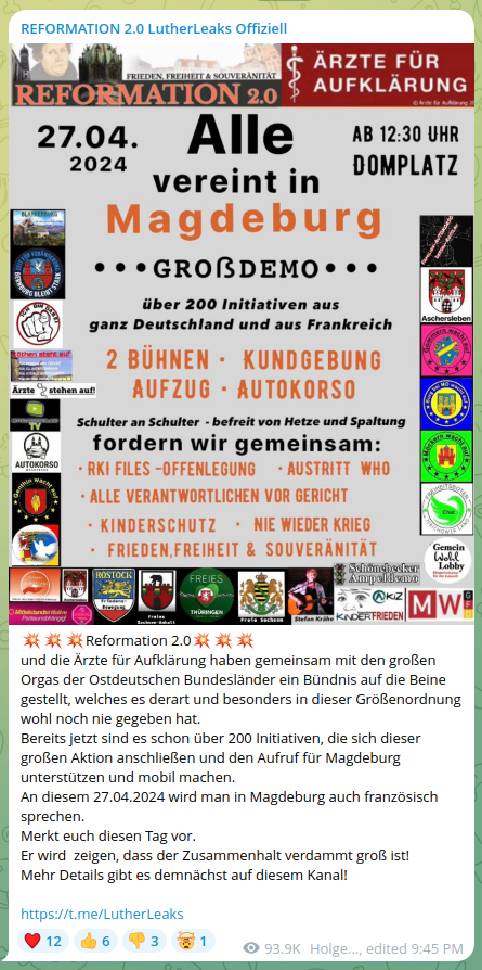 #Magdeburg: Für Sa. 27.04. ruft die Pandemieleugner-Szene zur 'Großdemo' auf. Unter den 'über 200 Initiativen' aus DE und FR auch das Verschwörungs-Fernsehen 'AUF1' und die Neonazis von den 'Freien Sachsen'. Das Format zieht in MD regelmäßig mehrere 1000 Teilnehmende. #md2704