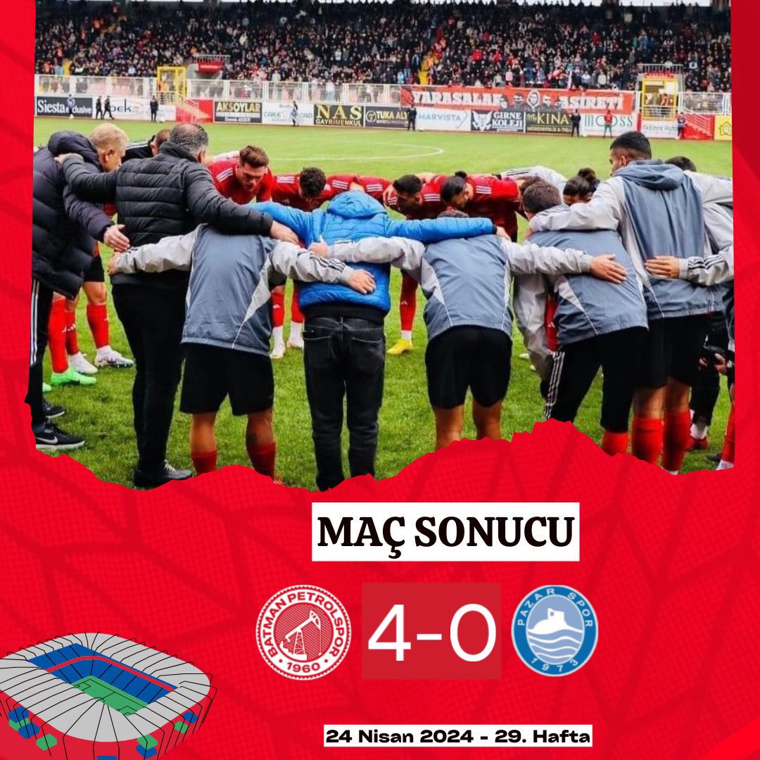 Şampiy…. ⏳⏳⏳ Ligin bitimine bir hafta kala Pazarspor’u net bir skorla 4-0 mağlup ederek büyük bir avantaj yakalayan ve 2.Lig’e göz kırpan TPAO Batman Petrolspor’umuzu tebrik ediyorum. @batmanpetrolfk #zaferinananlarındır #şampiyonlukgeliyor