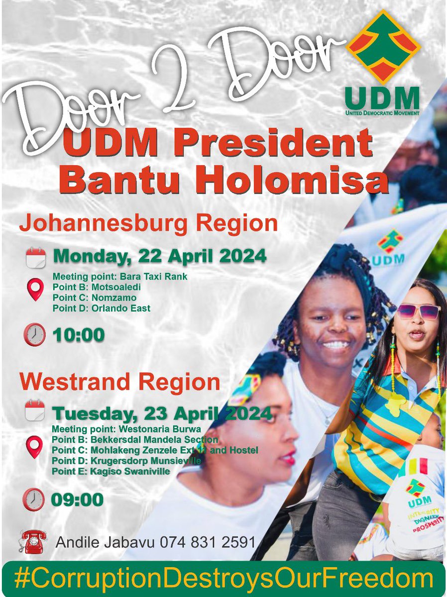 Join UDM for a powerful Door to Door campaign in the Johannesburg and Westrand regions. Let’s unite in making South Africa respected again! 🙏🏽 #CorruptionDestroysOurFreedom #UDM @Tzoro1 @Maso_90 @UDmRevolution