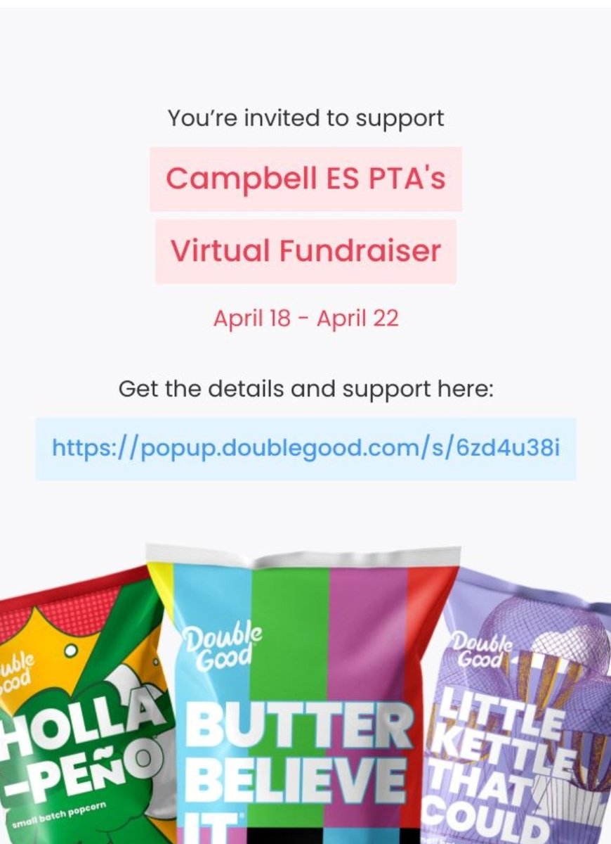 IT'S THE LAST DAY of the Double Good Popcorn Sale!!🍿🍿🍿🍿 Please help Campbell Elementary School’s PTA reach our goal to celebrate our teachers during Teacher Appreciation Week. We receive 50% of each purchase. Please support: popup.doublegood.com/s/6zd4u38i