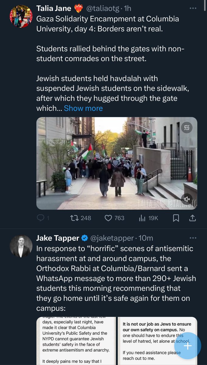 Independent reporter on the ground: 'Jewish students held havdalah with suspended Jewish students on the sidewalk' Jake Tapper: ''horrific' scenes of antisemitic harassment at and around campus'