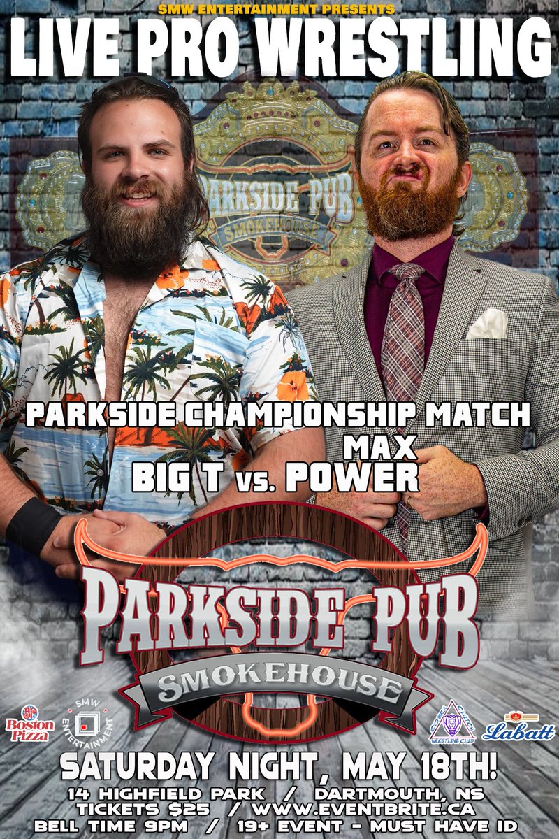 4 weeks away! Spend a great night of food, drink, and LIVE PRO #WRESTLING! Saturday night, May 18th, at Parkside Pub & Smokehouse in #Dartmouth, NS! TICKETS: eventbrite.ca/e/live-pro-wre… #halifax #bbq @DT_Dartmouth @HelloDartmouth @EventsNS