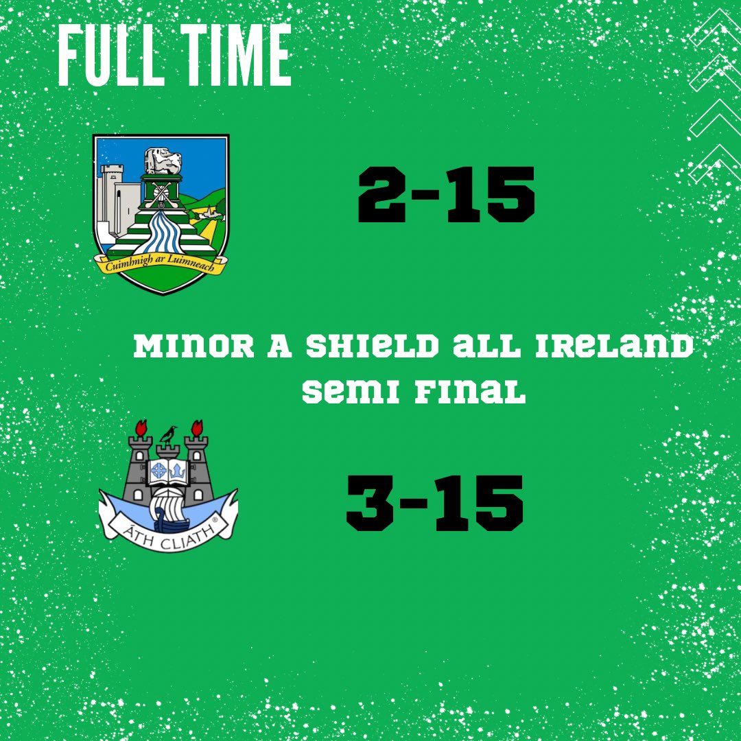 🏆 @ElectricIreland Minor A Shield All Ireland Semi Final @OfficialCamogie 🏆 Full Time Limerick : 2-15(21) @CamogieDublin: 3-15(24) Defeat in The Ragg 💔 A heroic effort by the girls, and a phenomenal second half performance 👏🏻 unbelievably proud of the girls 💚🤍