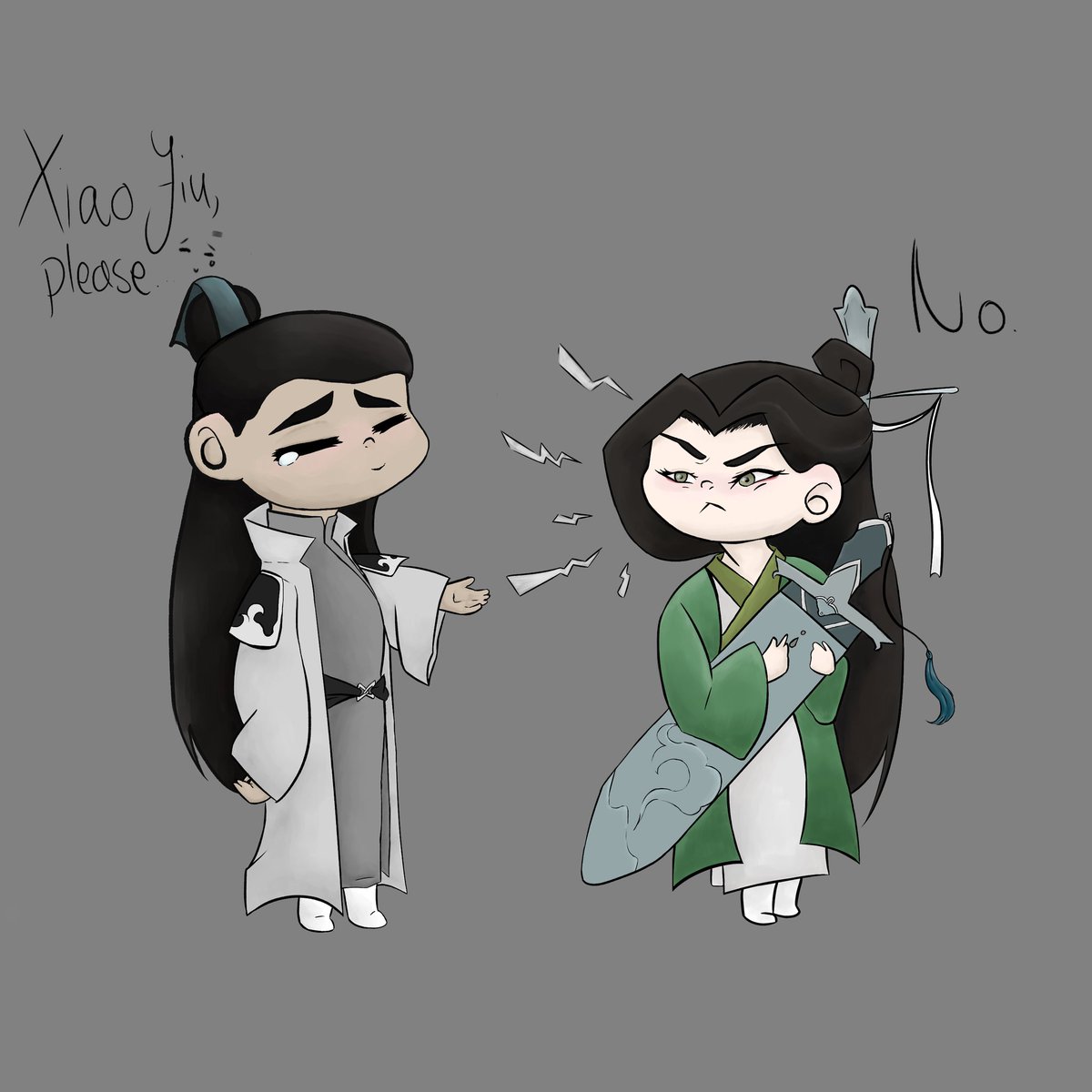 Drew another fanart of my bebies. Our lil Xiao Jiu stole his Qi-ge's sword and he ain't gonna give it back I'm telling ya

#Qijiu #svsss #YueQingyuan #ShenQingqiu #ShenJiu