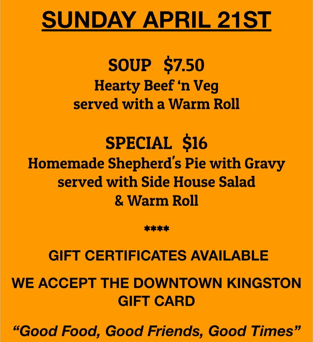 !!! NOW OPEN UNTIL MIDNIGHT !!! 

#goodfood at #themothership 
#OPEN TUES - SUN, NOON - 12AM #golocal #ygk #ygklove #publife #giftcertificates #yumgk #fishandchips #craftbeer #takeout #sunnydays @downtownkingston Gift Card