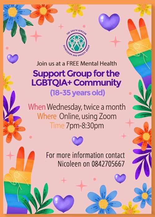 Are you between 18 and 35 years old and looking for a supportive community for LGBTQIA+? Look no further, SADAG has a Support Group just for you. Please call Nicoleen on 084 270 5667 for more information. #ThePowerOfSupportGroups #MentalHealth #LGBTQIA