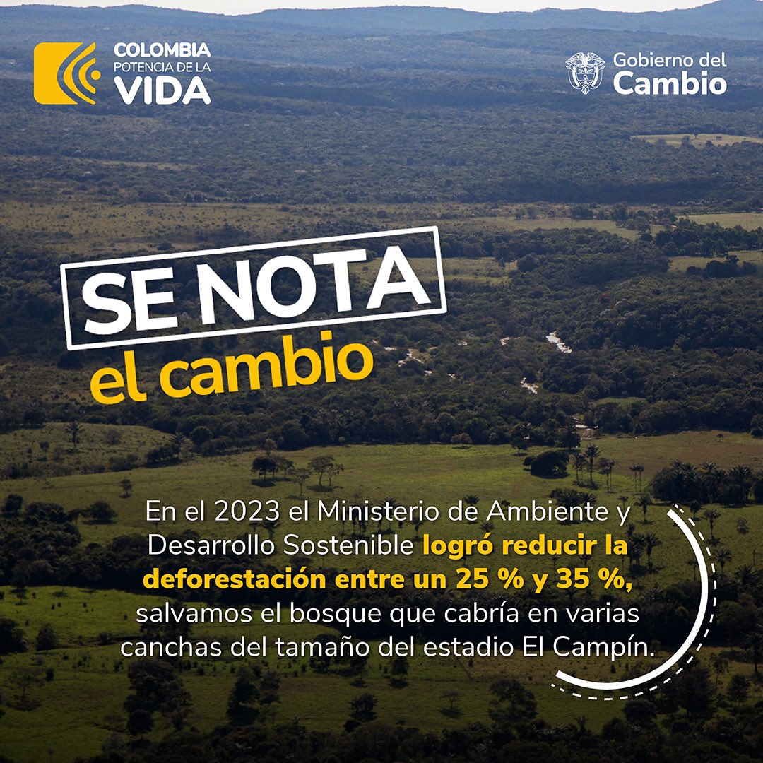 ¡En 2023, por segundo año consecutivo logramos reducir la deforestación entre un 25 % y un 35 %! continuamos trabajando con las comunidades. #SeNotaElCambio en la contención de la deforestación.