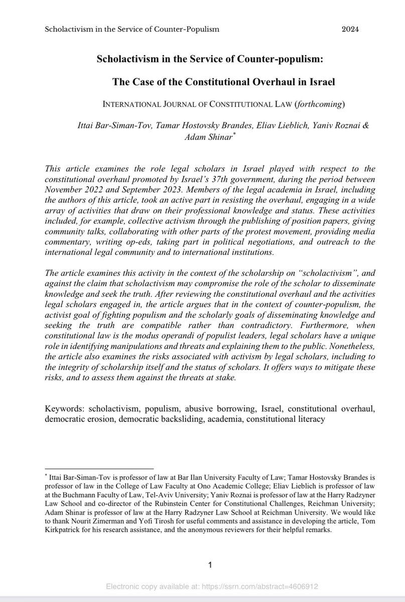 A new article - “Scholactivism in the Service of Counter-populism: The Case of the Constitutional Overhaul in Israel”, forthcoming in @icon_journal, available @SSRN: ssrn.com/abstract=46069…. Ittai Bar-Siman-Tov, Tamar Hostovsky Brandes @Tamar_hos_bran, Eliav Lieblich @eliavl,
