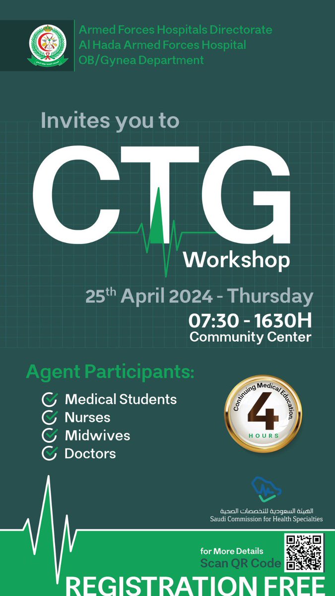 Alhada Armed Forces Hospital OB/Gynea Department invites to CTG Work ahop 🗓️ 25th April 2024 - Thursday 🕖 7:30 - 1630 H 📍Community Center 🪑limited seats 🔗 Regestration link: forms.gle/FHQXoU7tt4dQds…