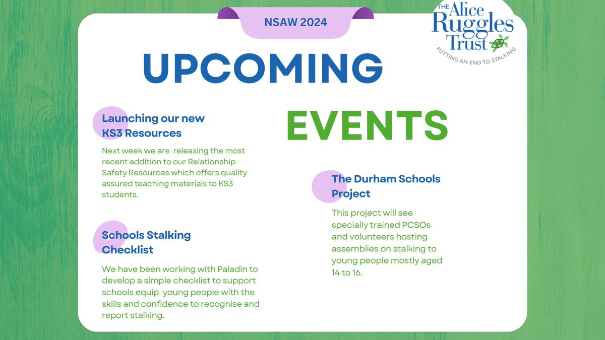 Tomorrow is the beginning of #NSAW2024! Tune in to engage with all these exciting upcoming events💚 Together let’s #joinforcesagainststalking
