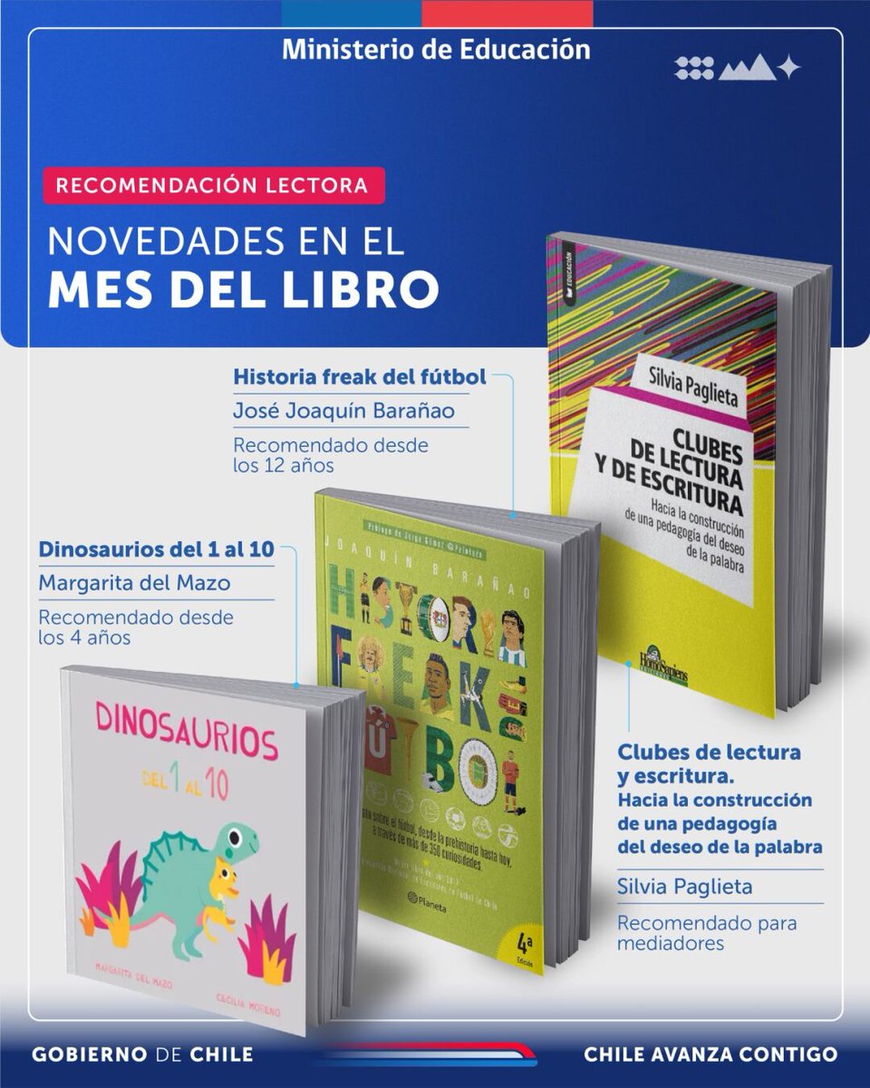 ⚡En este #MesDelLibro ¡Festejamos con nuevas lecturas!  Clubes de lectura, dinosaurios y fútbol son tres de las miles de alternativas que pueden encontrar en la Biblioteca Digital Escolar.   

Puedes acceder a estas lecturas  en 🔗bdescolar.mineduc.cl #30añosCRA