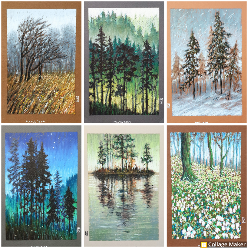 A5 Landscapes with trees in oil pastel for all four seasons. These are one of a kind original artworks and they are available in my shop for collectors around the world... etsy.com/shop/TheWeeOwl… #Landscape #Trees #winter #spring #summer #autumn #OriginalArt #OilPastel #painting
