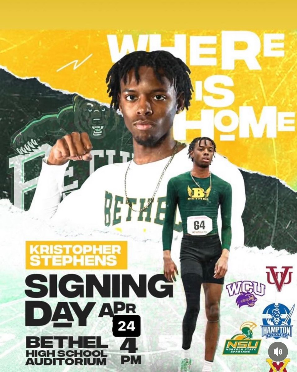 AthleticsBethel's tweet photo. Where’s @Kristopher_Step headed? 
🗓️April 24th 
🕓 4pm

🟢🟡🐻🔰
#1067Bethel @BHSOfficialHCS @HamptonCSchools @teamsHCS https://t.co/YvTPwhtyVz