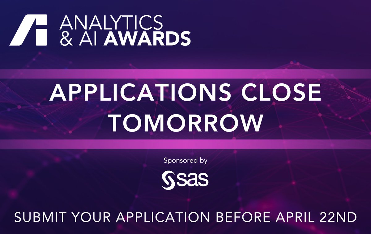 Applications for the 2024 Analytics & AI Awards will close tomorrow, Monday the 22nd of April at 5pm. Apply today: analyticsinstitute.org/event-calendar… With thanks to our headline sponsor @SASSOFTWARE #AnalyticsAwards2024 #TheAnalyticsInstitute
