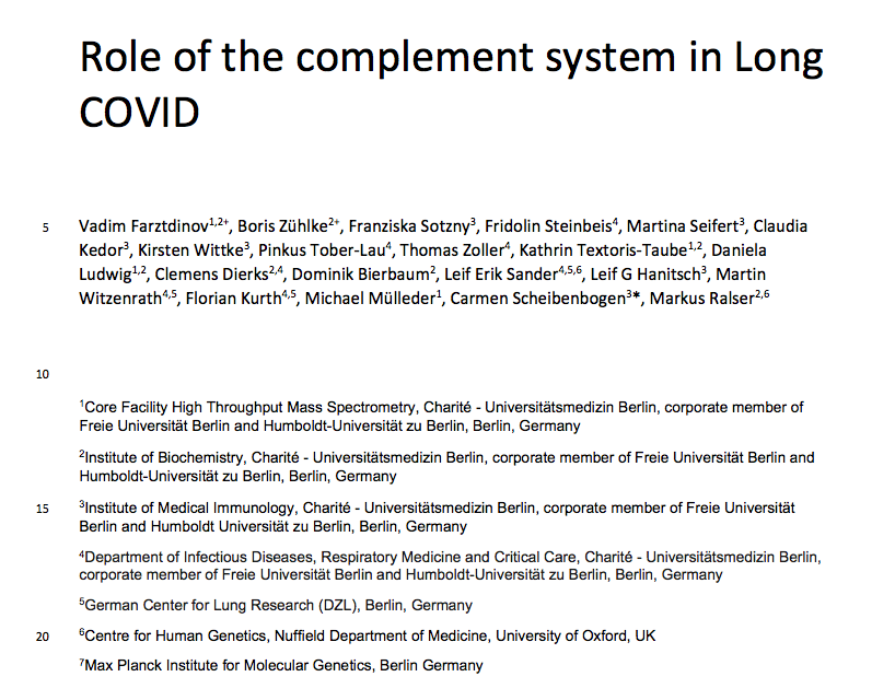 1/ This is a thread for the study (preprint) by @C_Scheibenbogen  et. al  named 'Role of the complement system in LongCOVID' and the use of certain analytical techniques for interpretation of its results.  Tagging @RenzPolster @fereshtehjahan1 @mhornig @cstroeckw