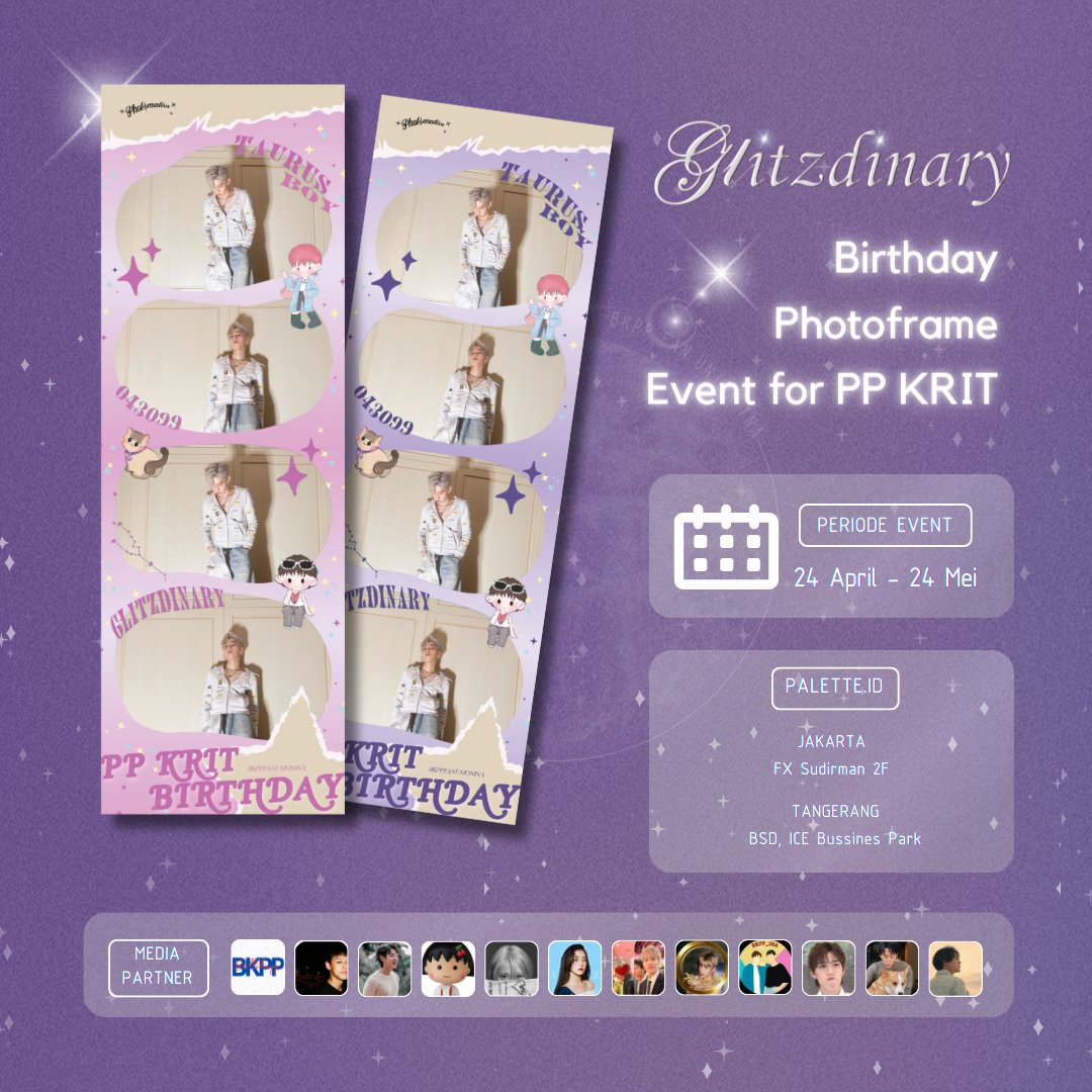 bkppina's tweet photo. ✨️GLITZDINARY PHOTOBOOTH PROJECT✨️

Photobooth project event by Glitzdinary of PP Krit 25th Birthday @BKPPFanUnionINA X @palette__id

Save the date!
📅 24 April - 24 Mei 2024
📍 Locations detail on poster

Let's come and celebrate PP Krit 25th✨️

#PPKritTurning25th #PPKritt https://t.co/HbOVO6HzJU