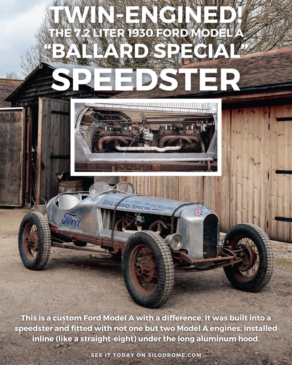 With its two original Model A inline-fours attached and timed 90º, the engines now run in the a traditional Straight 8 firing order – 1-5-2-6-4-8-3-7. The car is built on a Model A chassis, it’s fitted with handmade aluminum bodywork, and it’s now being offered for sale. Link: