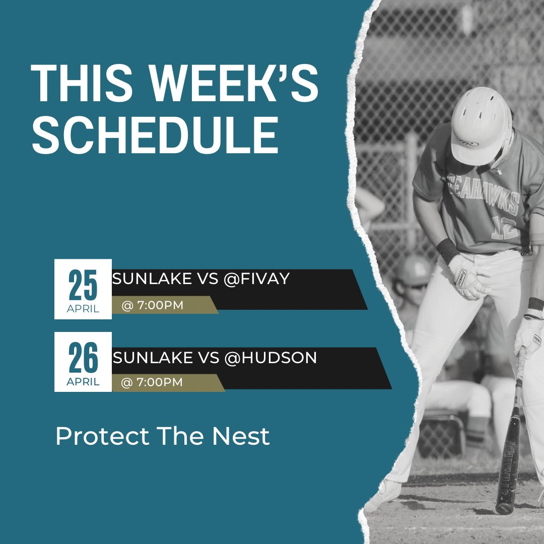 This Week’s VARSITY Schedule!!

Keep fighting till the last out and having fun out there!

📸 @capturedbymegan 
#sunlakebaseball #goseahawks #protectthenest @Biggamebobby