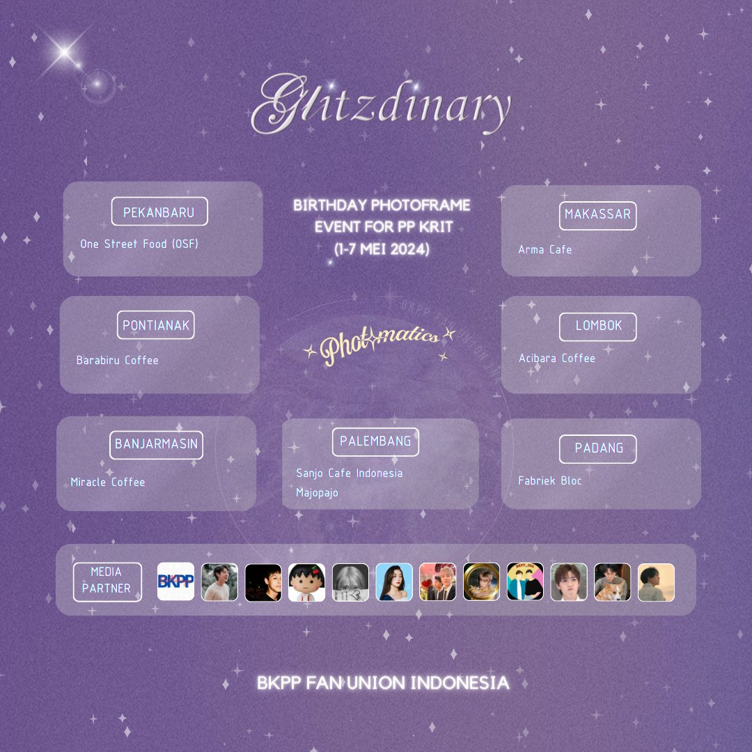 bkppina's tweet photo. ✨️GLITZDINARY PHOTOBOOTH PROJECT✨️

Photobooth project event by Glitzdinary of PP Krit 25th Birthday @BKPPFanUnionINA X @photomaticsid

Save the date!
📅 1 - 7 Mei 2024
📍 Locations detail on poster

Let's come and celebrate PP Krit 25th✨️

#PPKritTurning25Th #PPkritt https://t.co/mCBUdFl6kO
