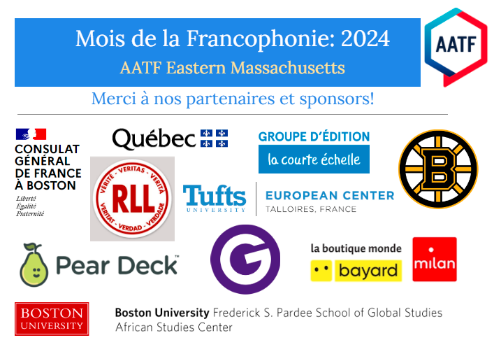 Congratulations to all who participated in our Mois de la Francophonie contests! MERCI BEAUCOUP to our generous partners & sponsors. @QuebecBoston @FranceinBoston @PearDeck @gimkit @BUAfricaStudies @TuftsUniversity @Courte_echelle @MilanJeunesse @HarvardRLL @NHLBruins