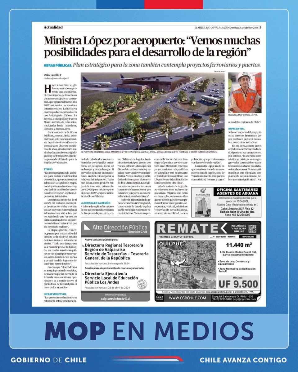 #MOPenMedios | La ministra @jlopezsaffie, conversó con El Mercurio de Valparaíso sobre la construcción del nuevo aeropuerto que permitirá vuelos nacionales e internacionales en la región de Valparaíso y la tremenda oportunidad para seguir con el impulso y crecimiento de la zona.