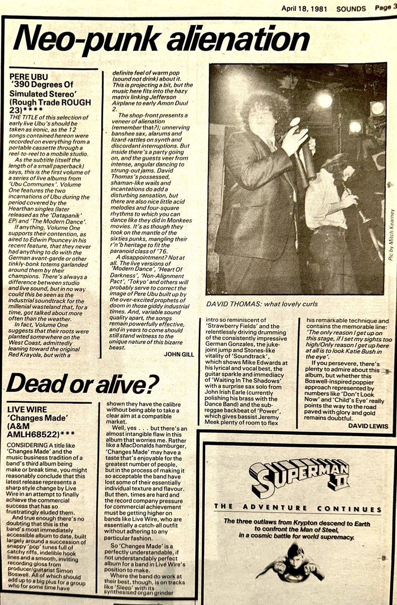 ZoundsAbound's tweet image. John Gill reviews the new Pere Ubu LP, ‘390 Degrees Of Simulated Stereo’, an album of early formative live recordings

David Lewis has the new #LiveWire LP, ‘Changes Made’ and despite greater mass appeal, some identity has been lost in the process
@ubuprojex 

Sounds Apr 18 1981