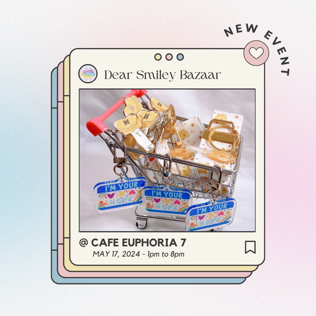 ultseok_'s tweet photo. 💜 Hello everyone! I will be hosting a bazaar/market for my left over shop item stocks as well as selling some of my albums and merch at @CafeEuphoria7!

🗓️: MAY 17! 
🕐: 1-8pm https://t.co/yL1Chumj5y