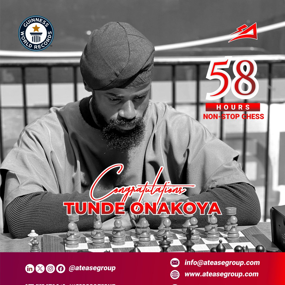 Dear visionary leader @Tunde_OD, we use this medium to congratulate you on your achievement of 58 hrs none stop chess because you're a man worth a nation. Truly, it is possible to do great things from a small place.

#ateasegroup
#TundeOnakoya