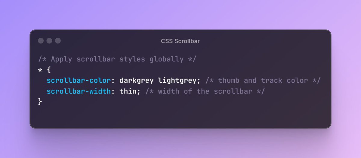 💡 Global Scrollbar Styling in #CSS 

🎨 With CSS's new properties, we can customize the appearance of all scrollbars simply and effectively!