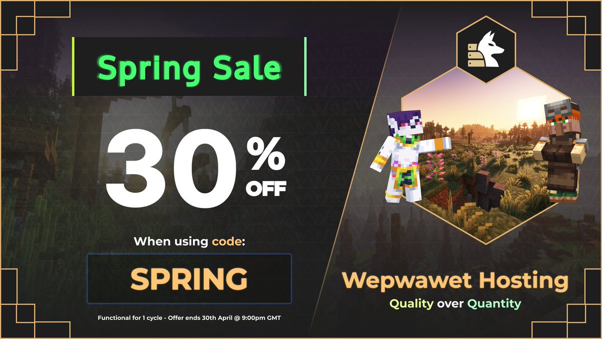 WepwawetHosting's tweet image. This Spring Season is the start of Growth!

Use code “SPRING” at checkout for 30% off!!! your first cycle.

wepwawet.net

#sales #Minecraft #GamingCommunity #discord #web #VPS #hosting