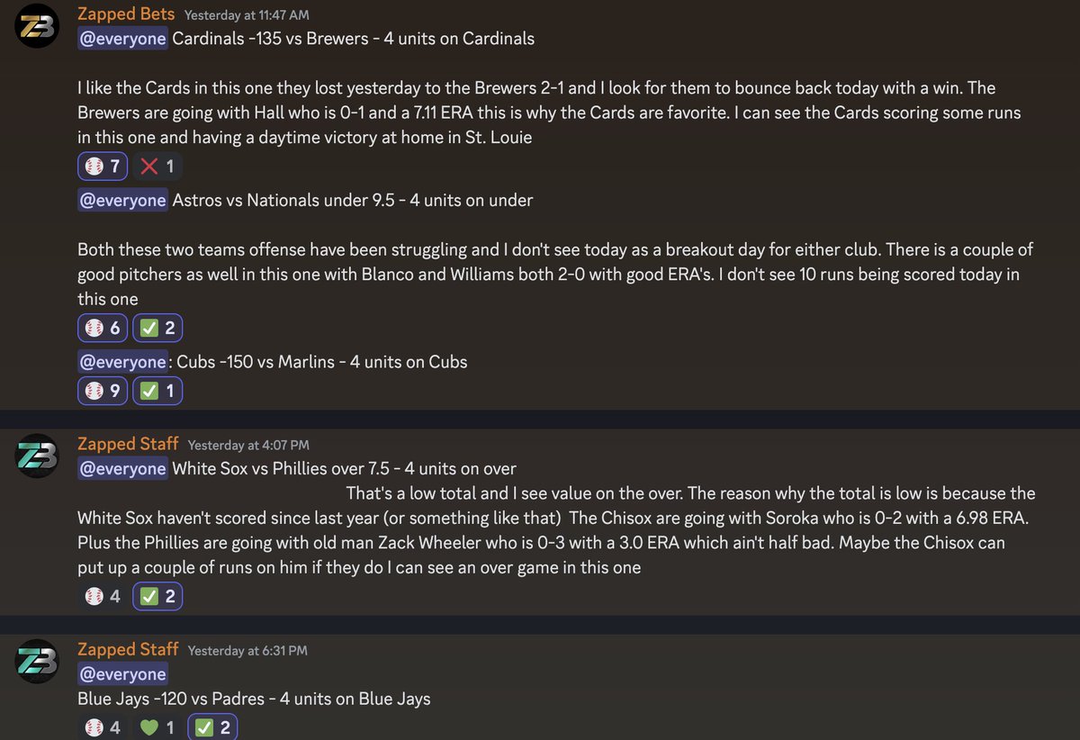 ZappedBets's tweet photo. 8-1,  +42u PLAY OF THE DAY THIS WEEK 

5-0, +26 unit MLB ZAPPED FRIDAY ⚾️
4-1, +12 unit MLB ZAPPED SATURDAY ⚾️

Join Zapped FOR FIRST MONTH $19.99 

https://t.co/QZT3twbBLc
