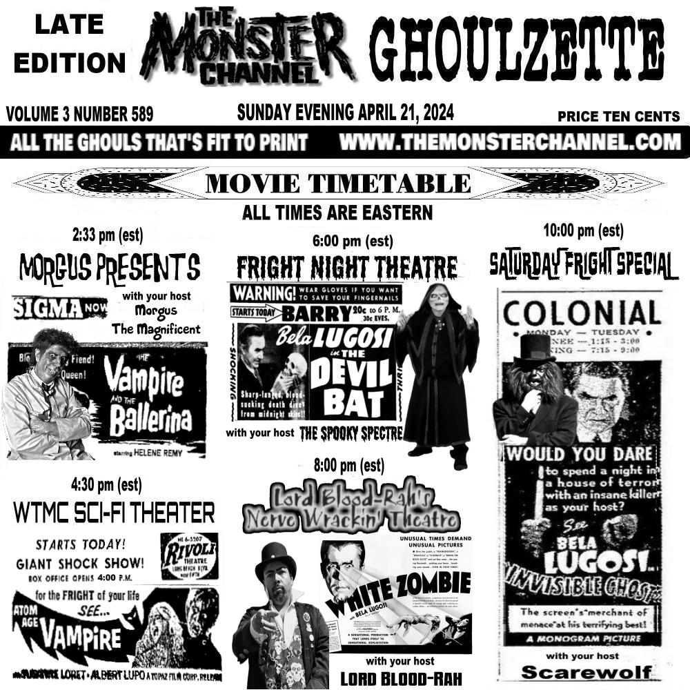 EerieLateNight's tweet photo. Today on The Monster Channel!

https://t.co/NvRAe8VnaE

#donsbreakfastserialshow #nuttystreehouse #morguspresents #frightnighttheatre #thespookyspectre #lordbloodrahsnervewrackintheatre #saturdayfrightspecial #Scarewolf #themonsterchannel #horrorhosts https://t.co/2jLbECDcuw