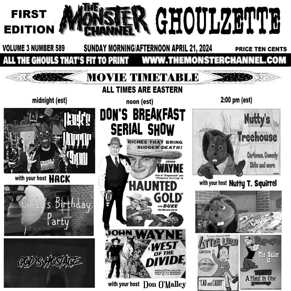 EerieLateNight's tweet photo. Today on The Monster Channel!

https://t.co/NvRAe8VnaE

#donsbreakfastserialshow #nuttystreehouse #morguspresents #frightnighttheatre #thespookyspectre #lordbloodrahsnervewrackintheatre #saturdayfrightspecial #Scarewolf #themonsterchannel #horrorhosts https://t.co/2jLbECDcuw