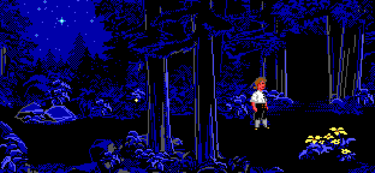 Guybrush sets out on an adventure into the mysterious Mêlée Island forest. But, being the resourceful pirate he is, he doesn’t forget to pluck the Caniche Endormi flower before venturing deeper into the forest. The Secret of #MonkeyIsland (EGA, 16 colours)