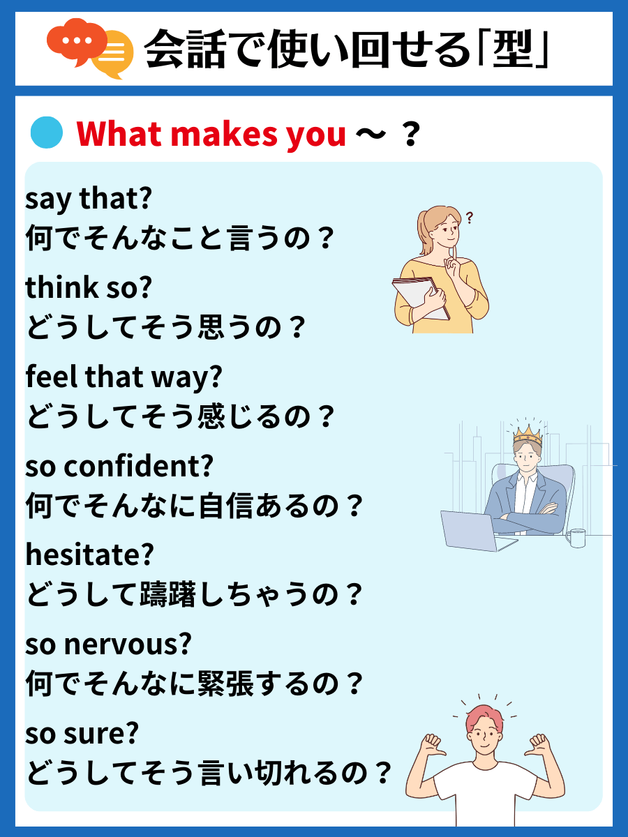 tak_SpeaKing's tweet photo. 【スラスラ話せる英会話表現パターン】
使い回せる英語の『型』を増やそう🏋️‍♂️
『What makes you ~ ?』どうして/何で〜なの？ https://t.co/5d1zzR9OsD