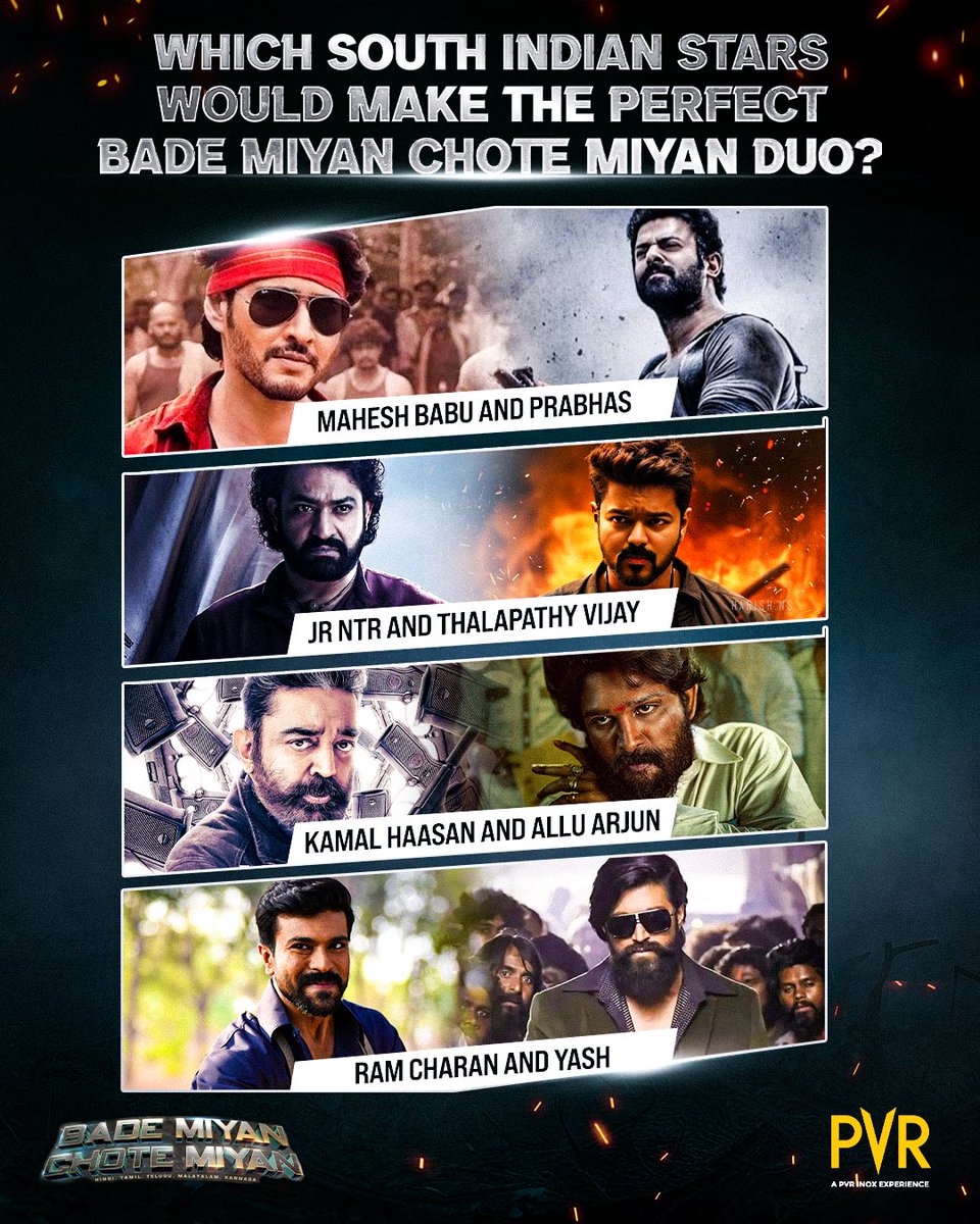 These South Indian stars are known for their blockbuster acting skills! 💯🔥 Which duo makes the perfect Bade Miyan Chote Miyan pair? Now screening at PVR INOX! Book now: cutt.ly/y7S9ryy . . . #AkshayKumar #TigerShroff #PrithvirajSukumaran #AliAbbasZafar #ManushiChillar