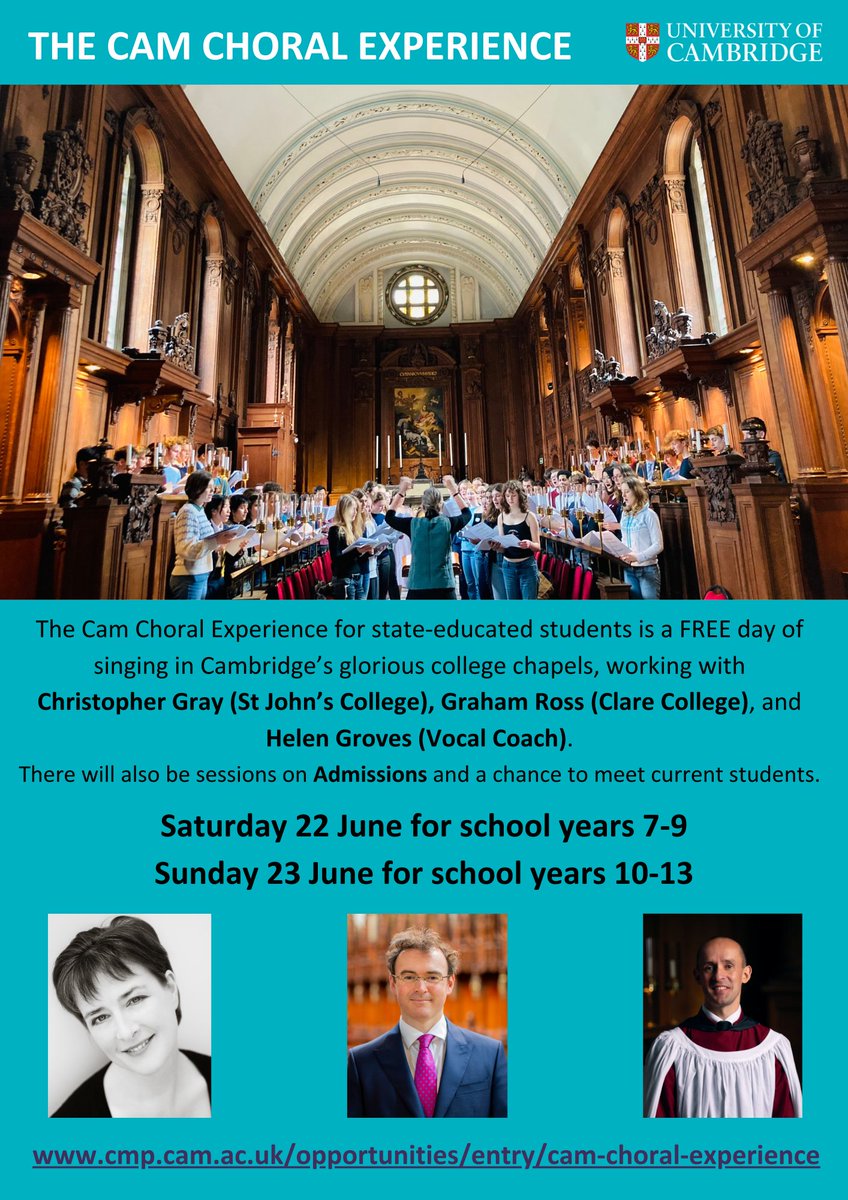 Are you aged 11-18? Do you love ♥️ singing? If you're state-educated, come and enjoy a FREE day in Cambridge singing in glorious college chapels and working with @Cambridge_Uni Directors of Music!🎶cmp.cam.ac.uk/opportunities/…🎶@mrgrahamross @MusicTeachers_ @CamUniCMP #SingAtCam