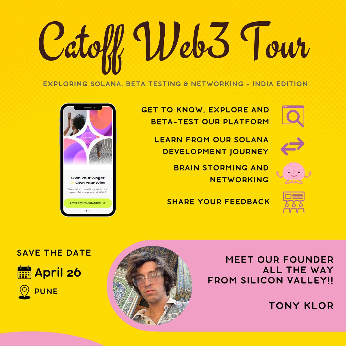 🌟Pune, are you ready to level up?🚀

Join us at the Catoff Web3 Tour: Pune Edition for an adventure into Solana, crypto gaming, and more! Be part of the future. Secure your spot now and let's make waves in the web3 world!
lu.ma/yxyehber

#CatoffWeb3Tour #CatoffPuneEvent