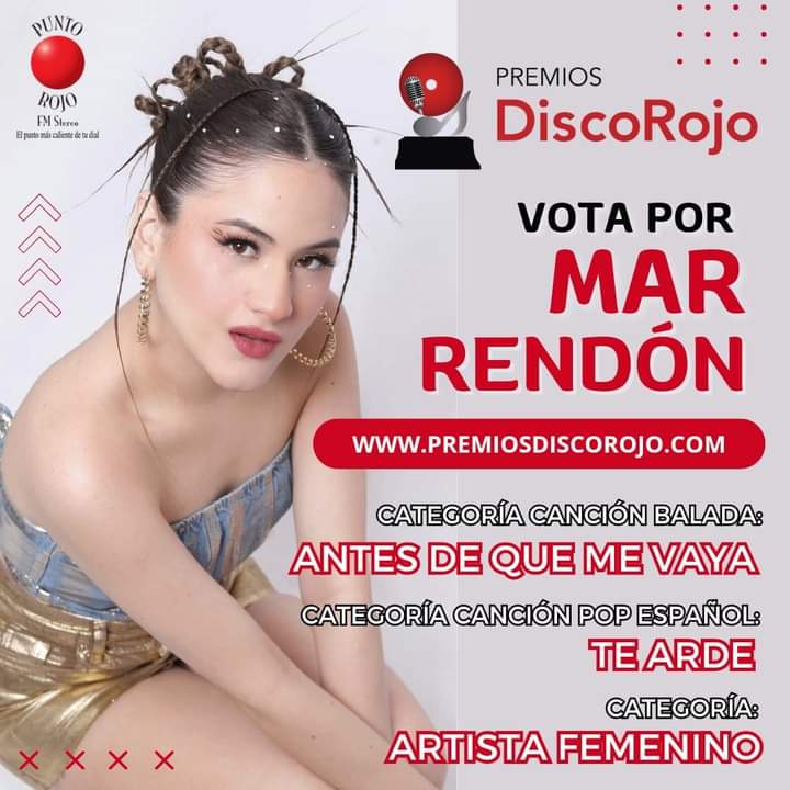 Chicos recuerden dejar su voto diario por Mar, en las tres categorías en las que está nominada en Premios Disco Rojo ✨Canción Balada ✨Canción Pop en Español ✨Artista Femenina ingresando al link 👇👇👇 premiosdiscorojo.com